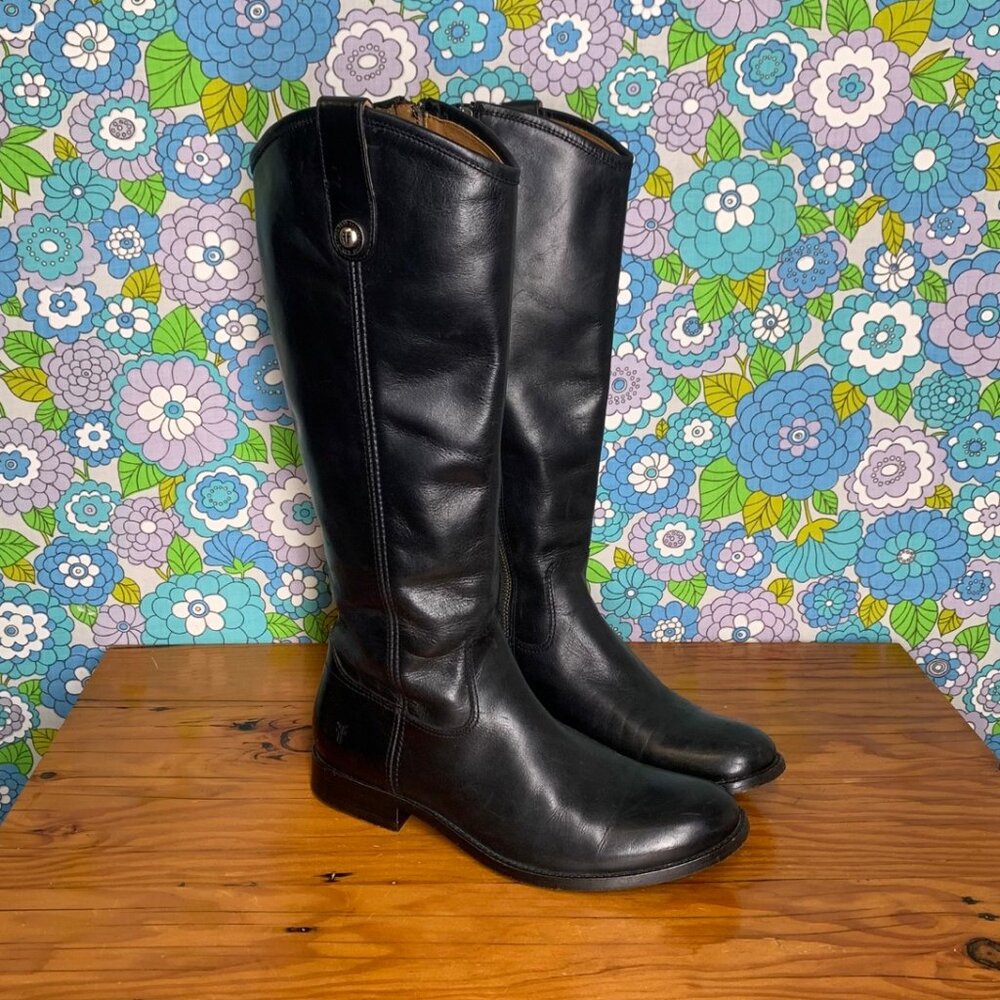 Frye Melissa Button Inside Zip Black Riding Boots Size:8